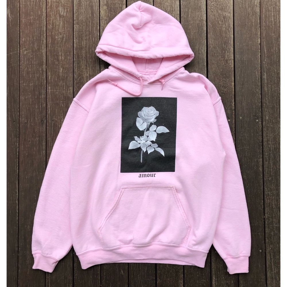 Amour Artist Union Pink Rose Hoodie Floral M Sweatshirt Art Flower Pullover